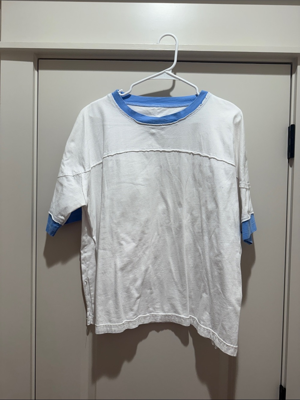 Women’s White Tee with Blue Trim - Casual Short Sleeve Top